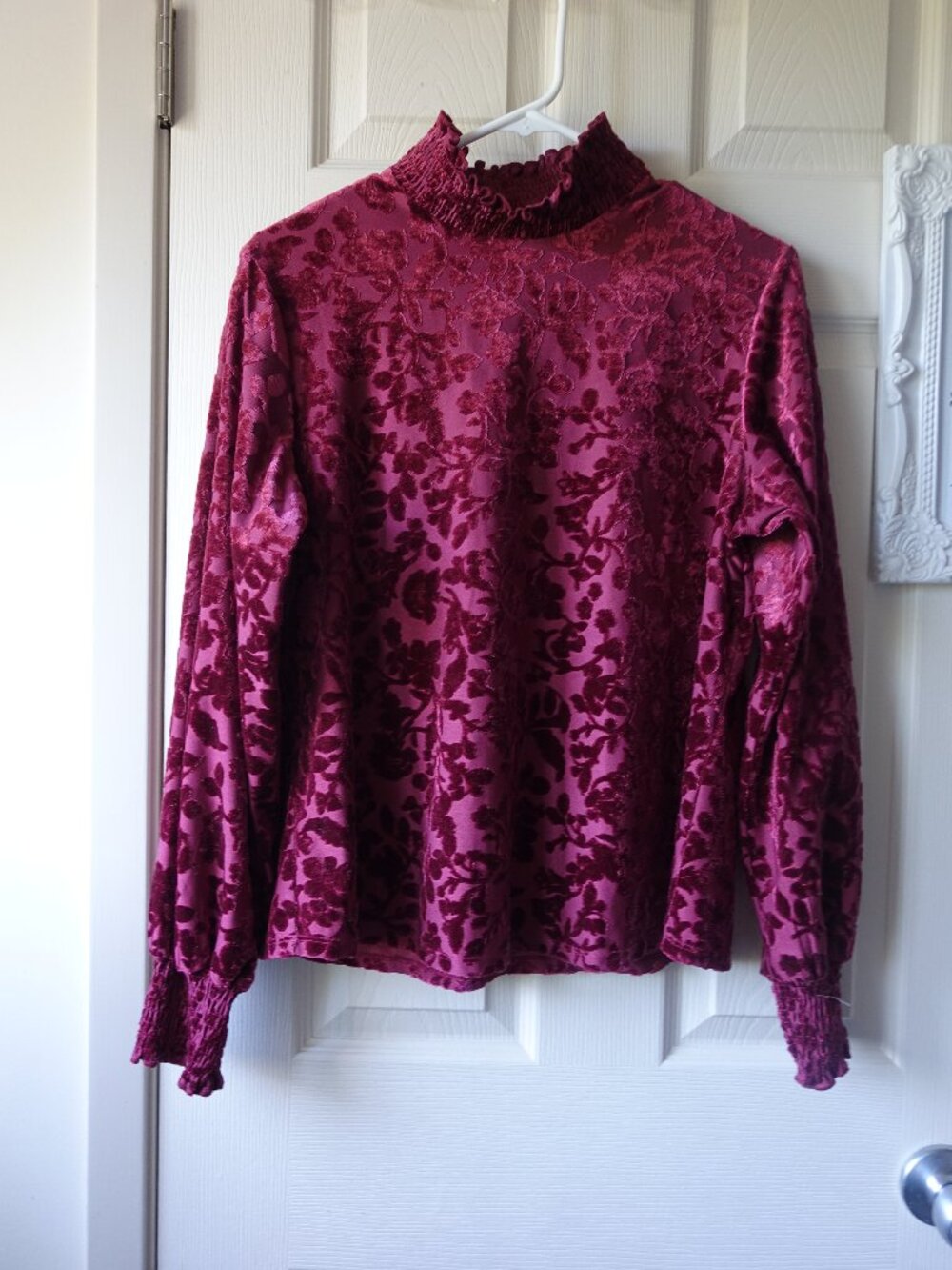 Maurices Burgundy Velvet Floral Burnout Mock Neck Top
